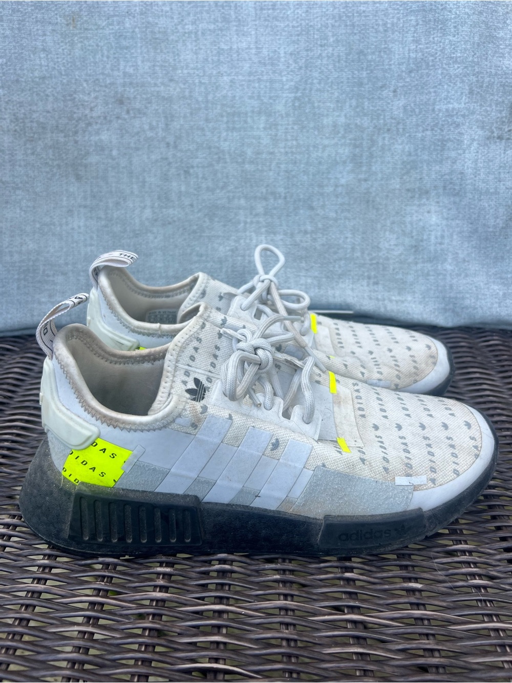 adidas Kids White and Black Knit Sneakers with Neon Yellow Accents
